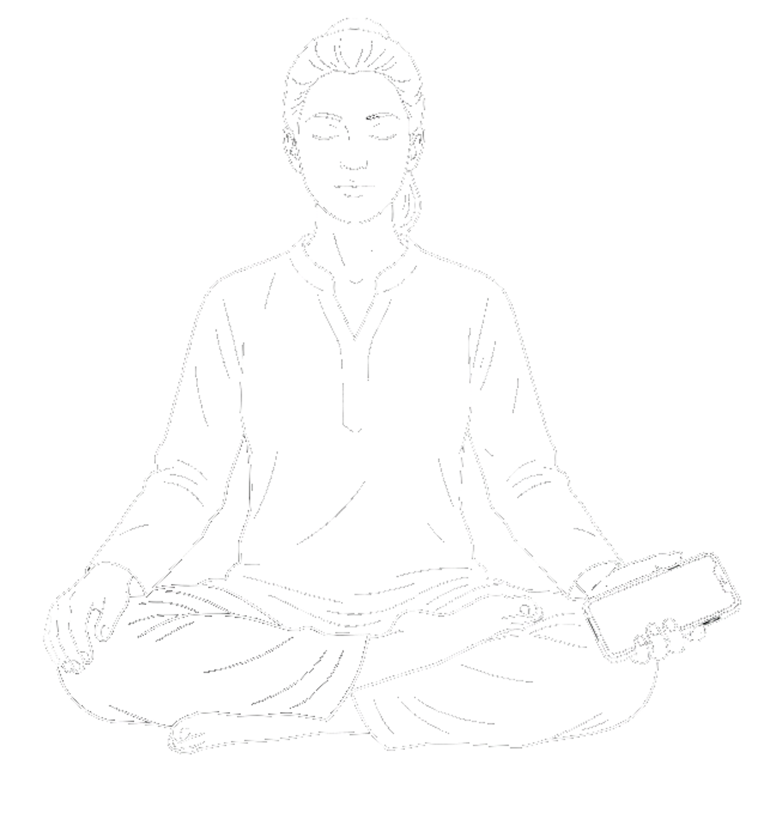 איור: אישה יושבת במדיטציה עם טלפון ביד - הקשר בין אפליקציה לתרגול עצמאי