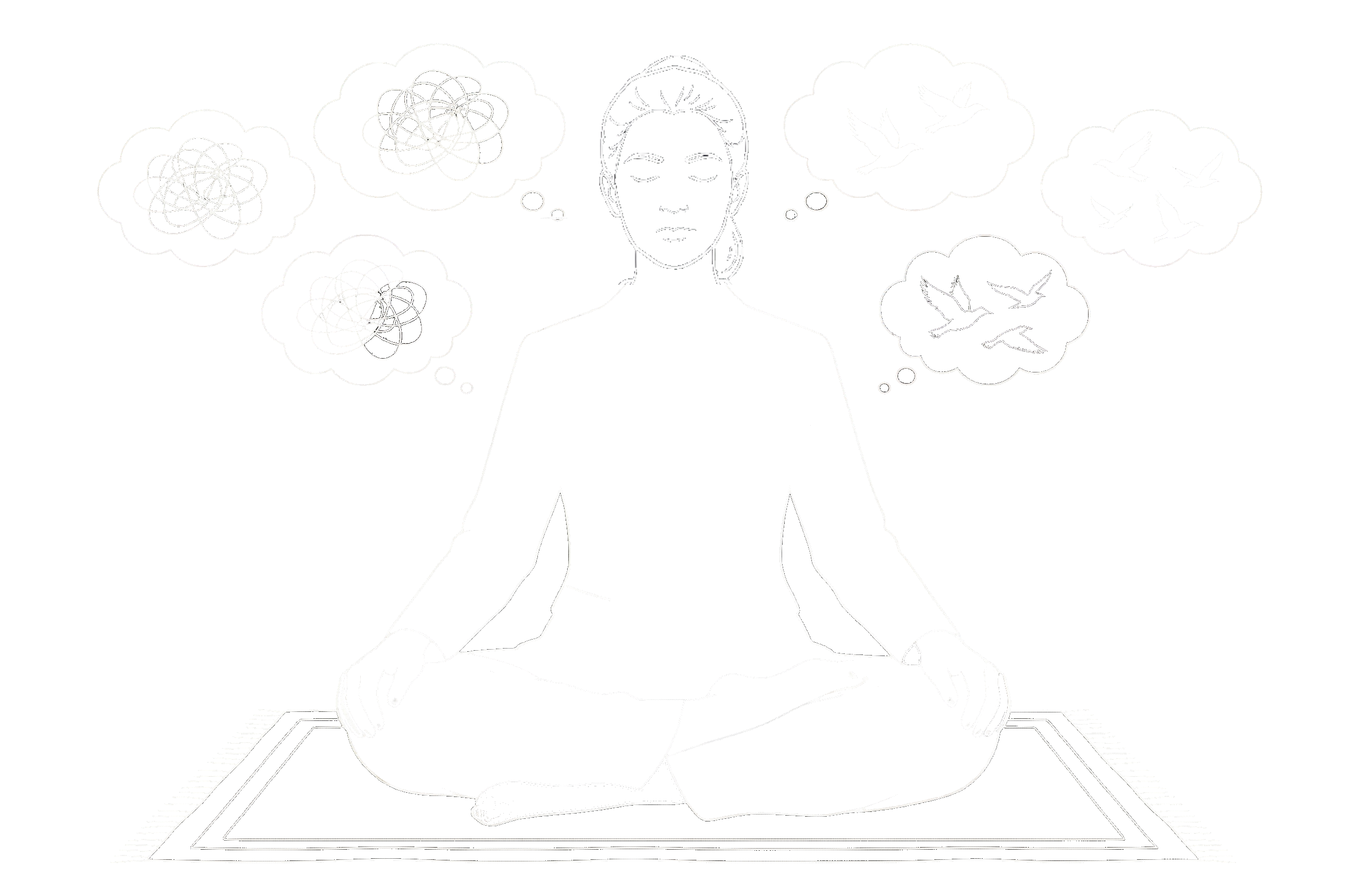 איור: אישה יושבת במדיטציה - מחשבות סבוכות משמאל ומחשבות חופשיות מימין