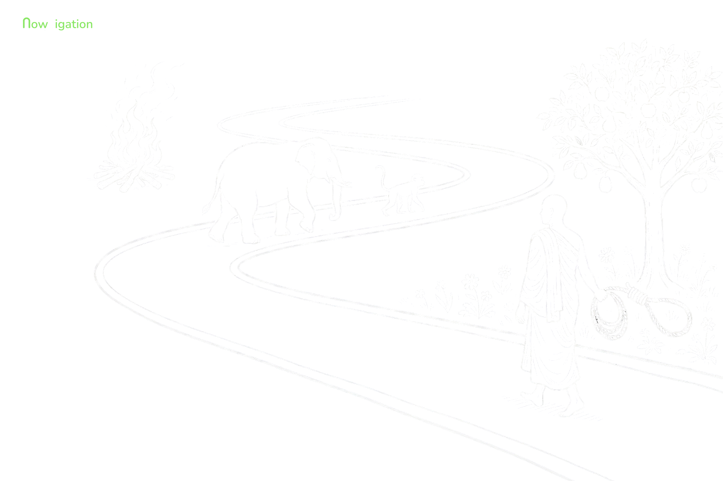 Nine Stages of Shamatha (Samatha) meditation - Stage 2 Continuous Attention - elephant and monkey heads begin to whiten, modern Nowvigation illustration