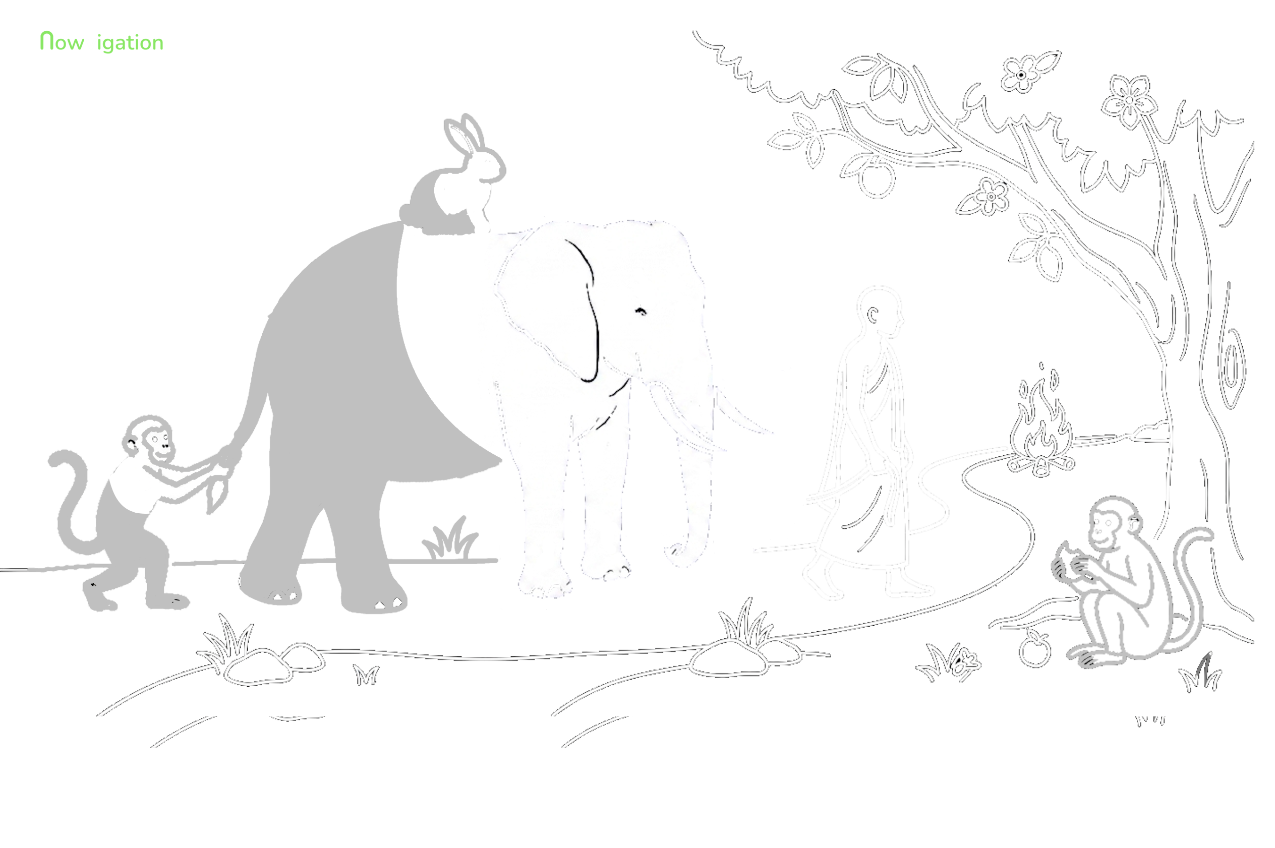 Nine Stages of Shamatha meditation - stage five Taming, the monk leads the elephant while the monkey holds the tail and the rabbit remains, Nowvigation illustration