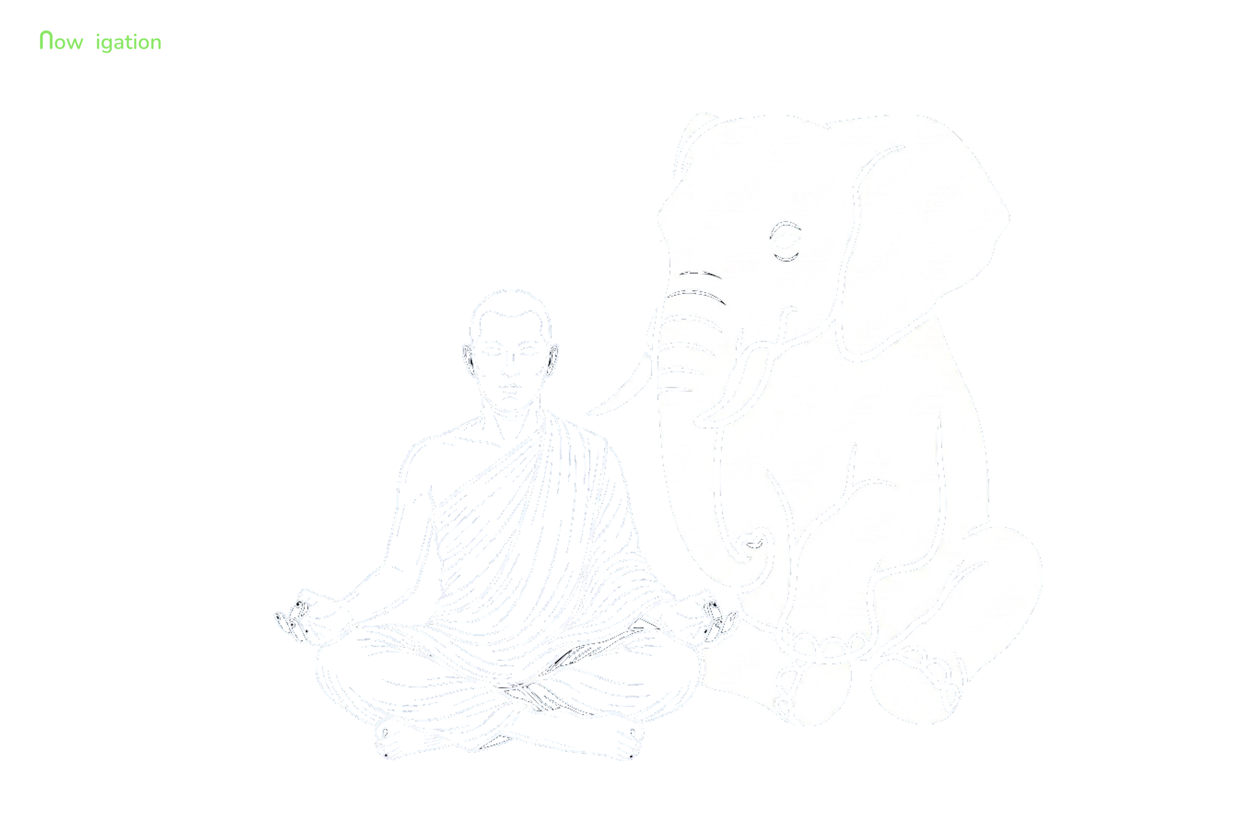 Nine Stages of Shamatha meditation - Stage 9 Calm Abiding, the practitioner sits in lotus posture, the elephant rests beside him, no path remains, modern Nowvigation illustration